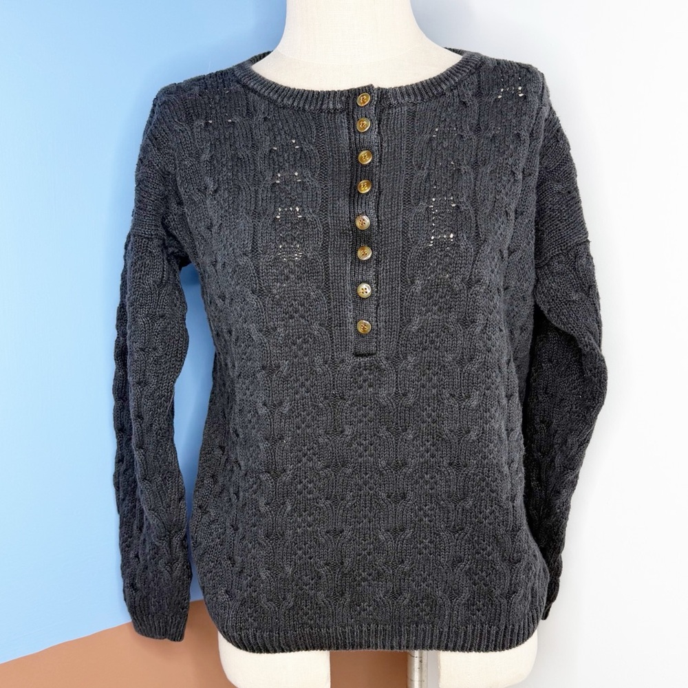 Vintage 90’s American Weekend Cable‎ Knit Henley Sweater Charcoal Black Small